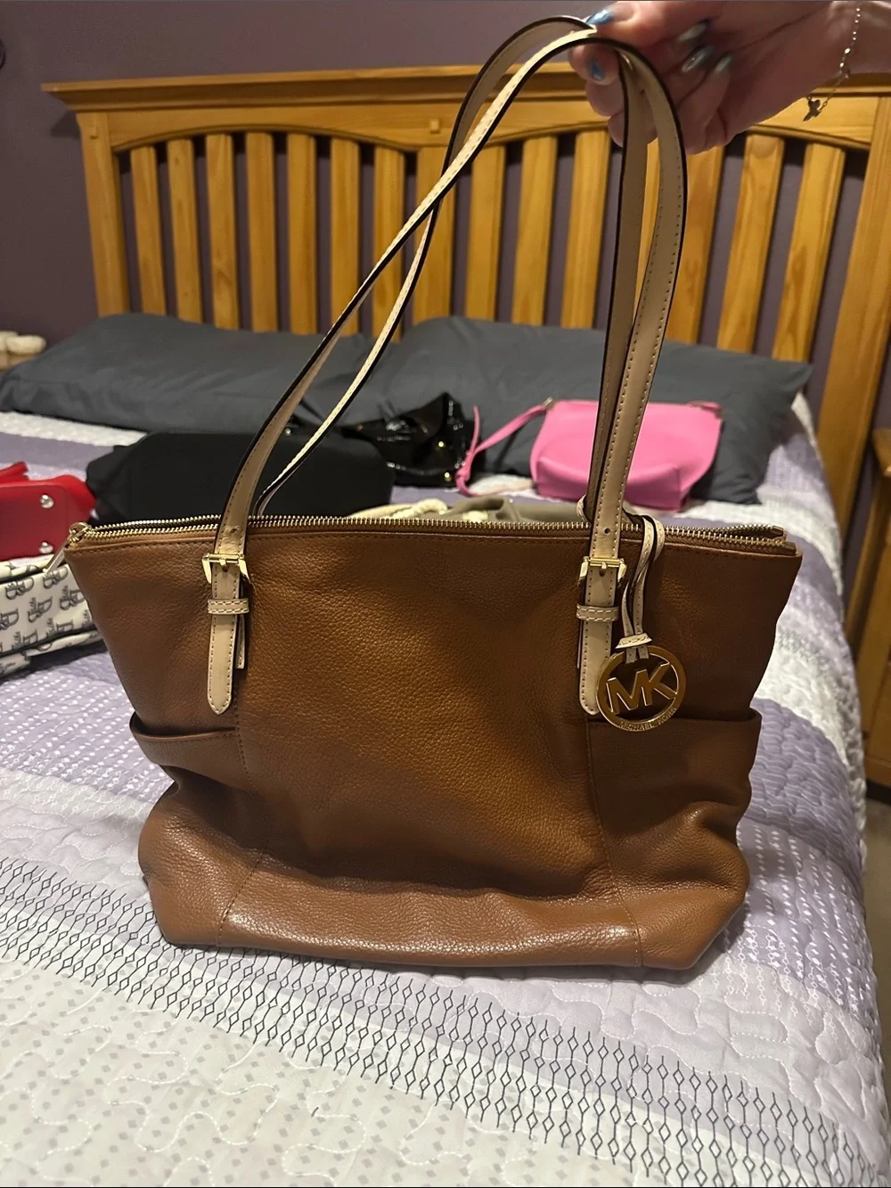 Michael Kors Caramel Brown Leather Tote with Gold MK Charm
